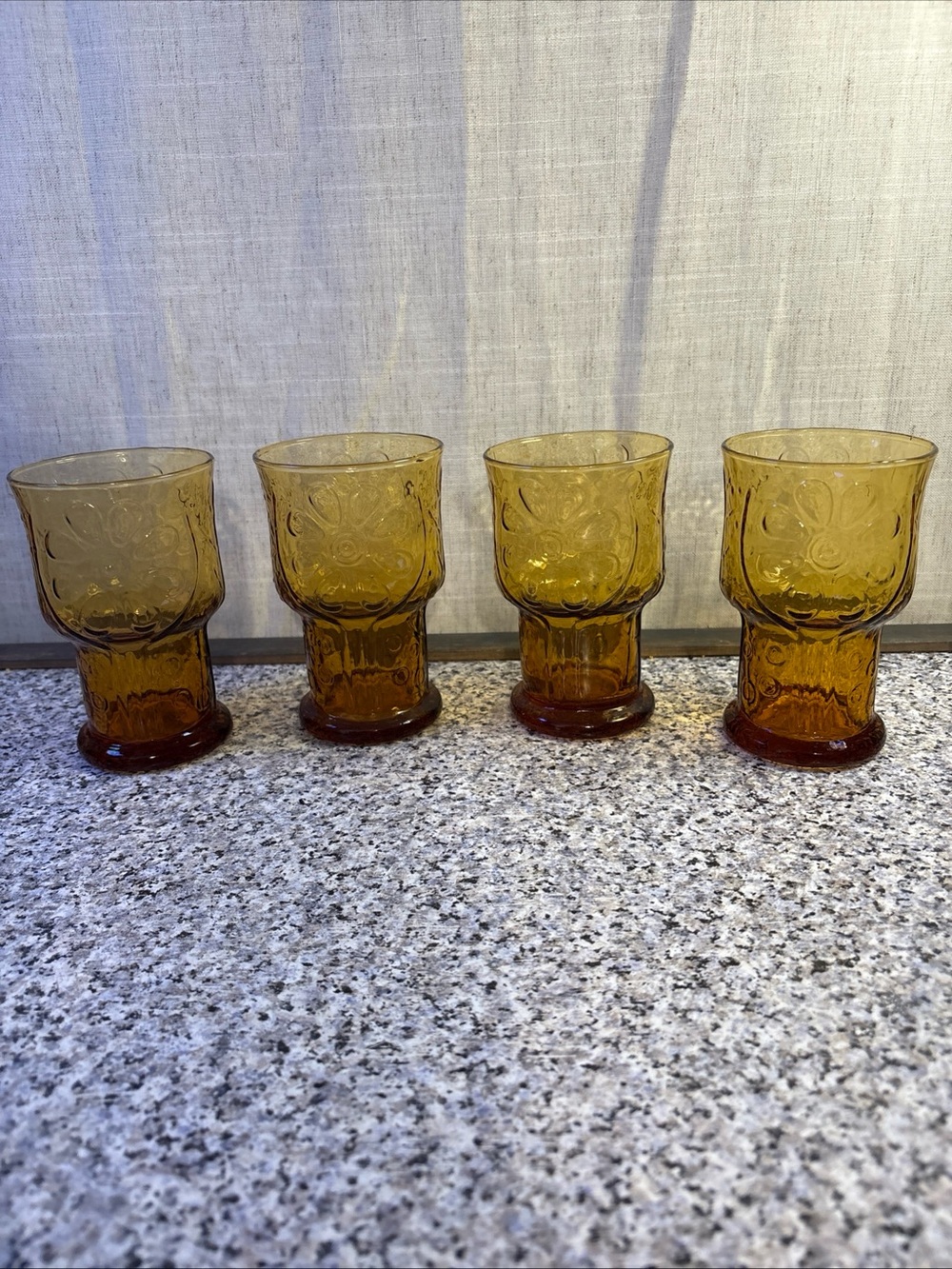 4 MCM Libby Glasses Amber Country Garden Daisy 5” Juice Tumblers Vintage
